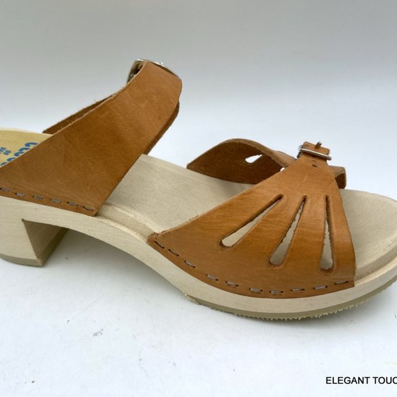 Tessa Clogs of Vail 6.5 M Tan Brown Leather Wood Sandals Made in Sweden EU 37 - Picture 2 of 13